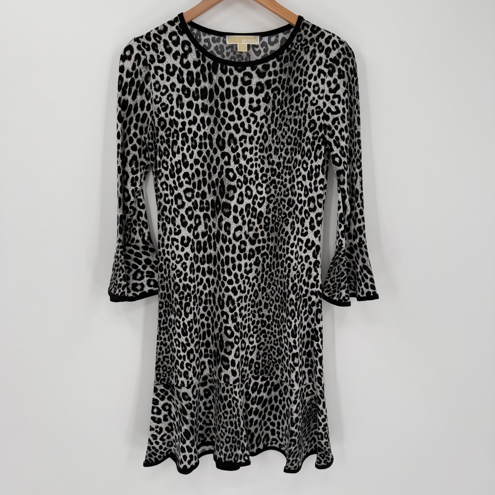 Michael Michael Kors Leopard Print Bell Sleeve Fit & Flare Dress Black‎ XS